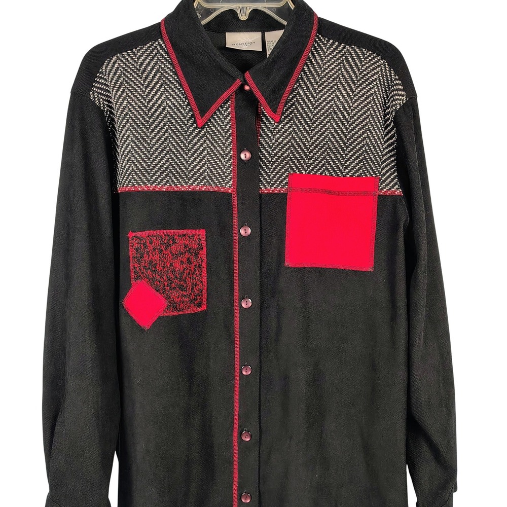Monterey Womens SZ 14 Button Up Shirt Black Red Herringbone Art to Wear Eclectic